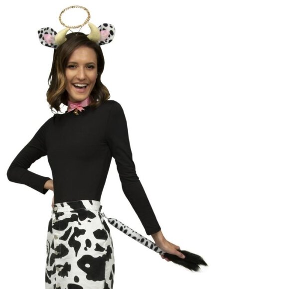 COW Instant Kit Halloween Accessory Black White Headband, Tail, Choker Bell Kit - Picture 1 of 6